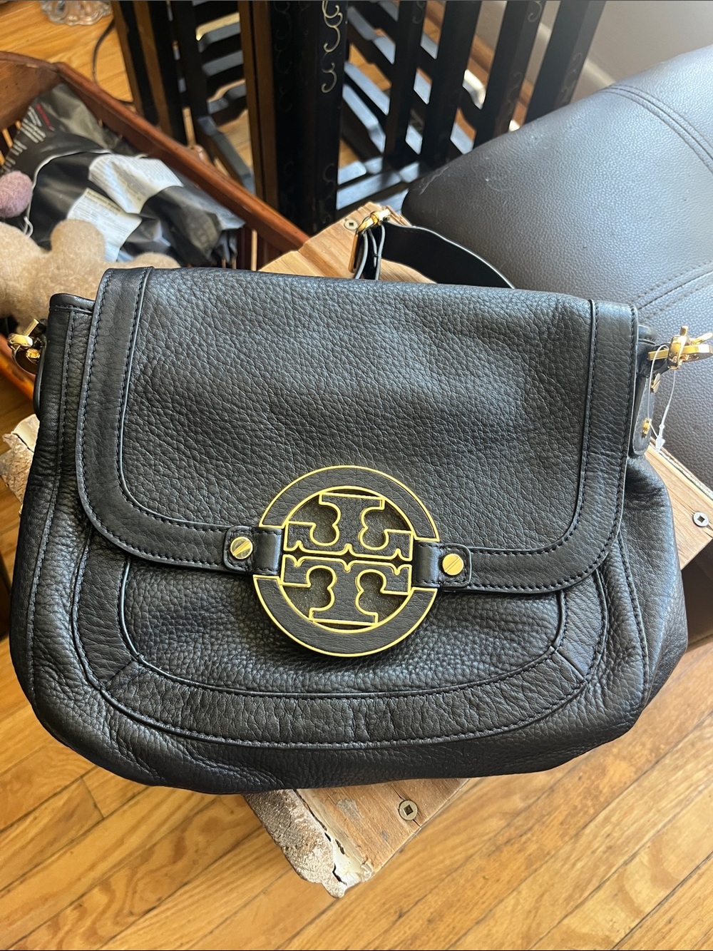 Tory Burch Black Pebbled Leather Shoulder Bag with Gold Logo